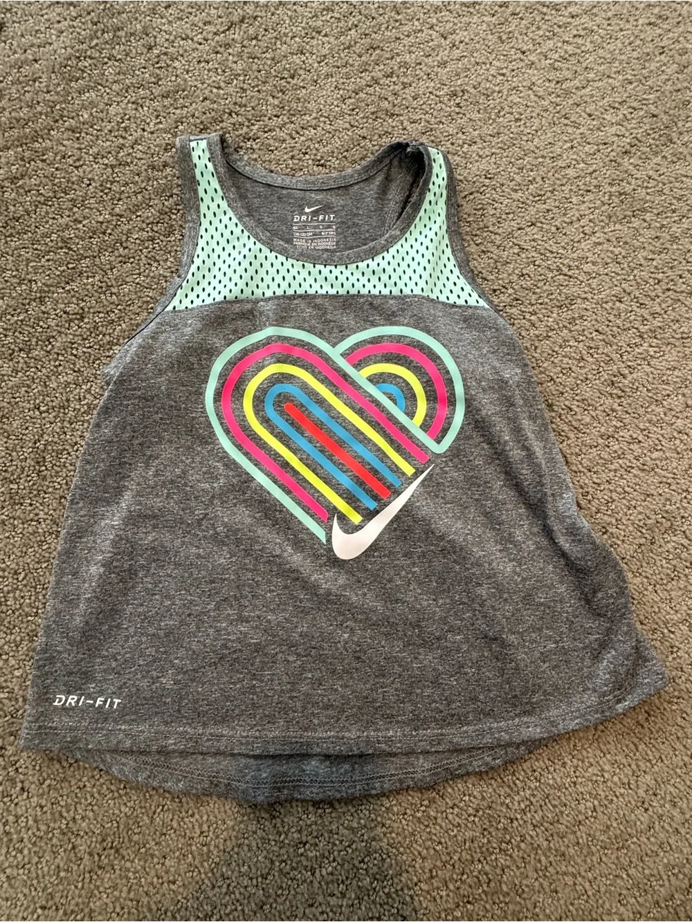 Nike Girls' Gray Tank with Mint Mesh Yoke and Multicolor Heart